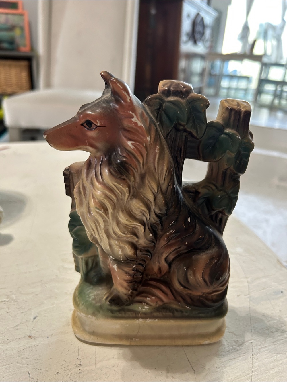 Vintage Wales Ceramic Collie Figurine in Brown and Cream - Home Art